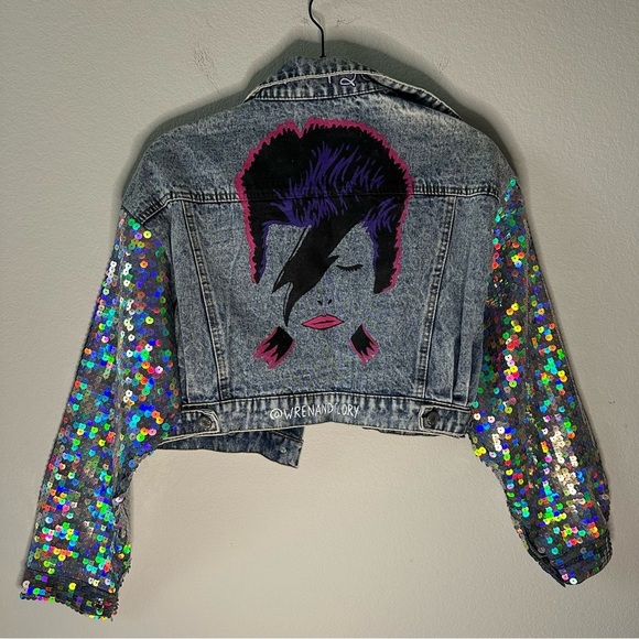NWT Wren + Glory Hand Painted Bowie Denim Jacket Sequin Cropped Free People O/S - Picture 5 of 9